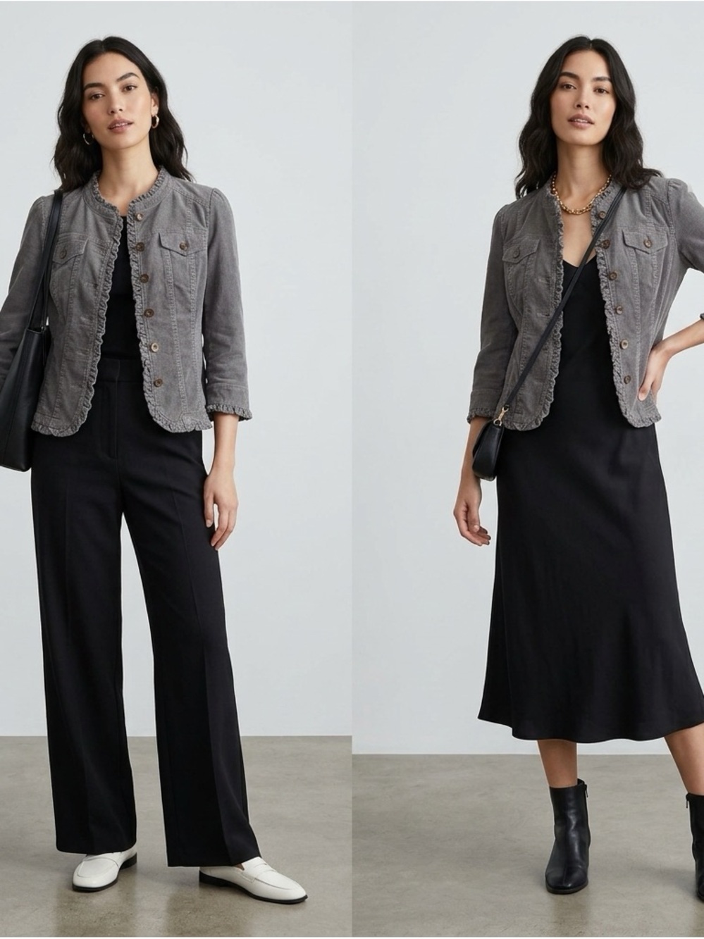 Ann Taylor Loft, Vintage Waist Length Corduroy Jacket - Gray With Ruffle Trim